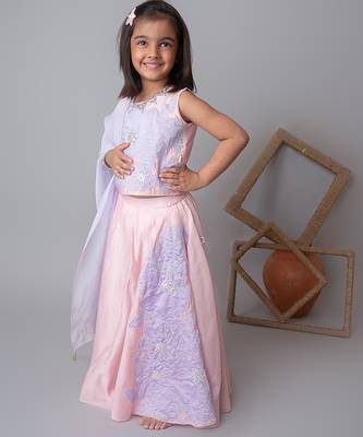 Pink handwoven cotton lehenga choli & bandhgala brother sister matching combo 2