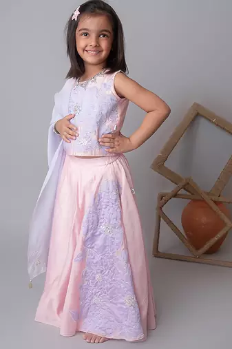 Pink handwoven cotton lehenga choli & bandhgala brother sister matching combo