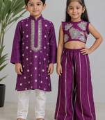 Purple embroidered silk palazzo set & kurta pyjama brother sister matching combo