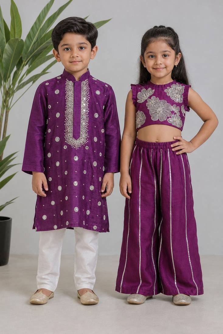 Purple embroidered silk palazzo set & kurta pyjama brother sister matching combo