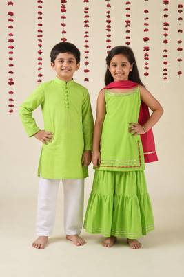 Green woven cotton kurta set & kurta pant brother sister matching combo 1