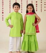 Green woven cotton kurta set & kurta pant brother sister matching combo