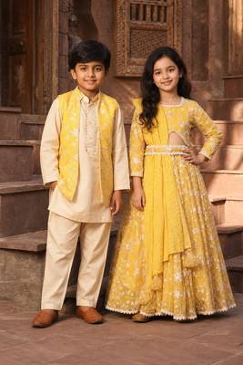 Yellow embroidered georgette lehenga choli & kurta jacket brother sister matching combo 1