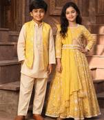 Yellow embroidered georgette lehenga choli & kurta jacket brother sister matching combo