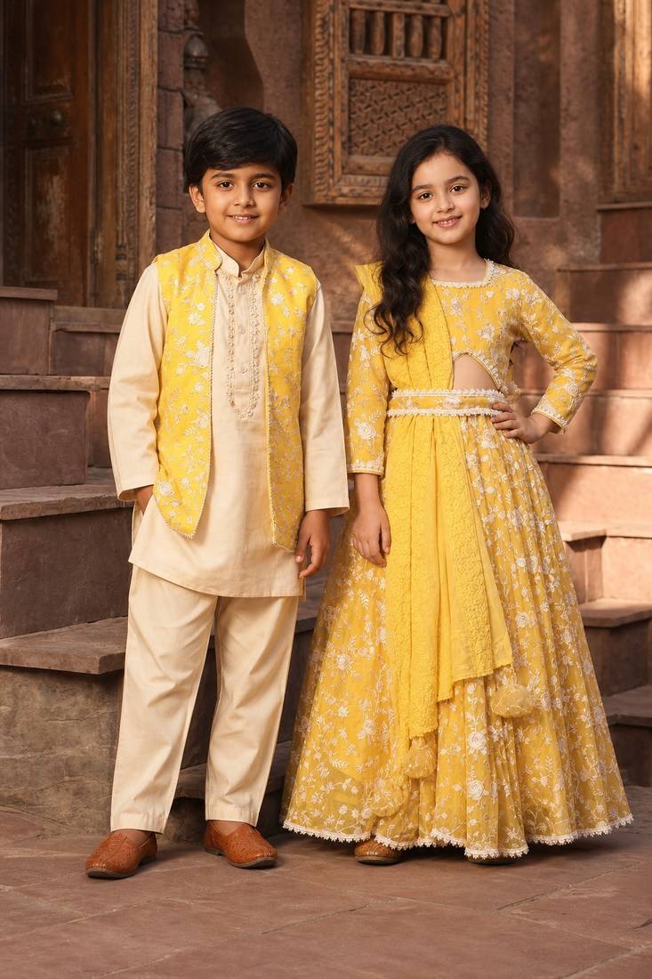 Yellow embroidered georgette lehenga choli & kurta jacket brother sister matching combo