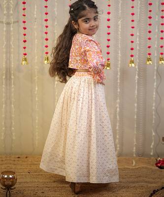 Peach orange block printed cotton skirt set & kurta pyjama brother sister matching combo 2
