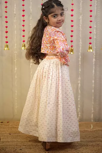 Peach orange block printed cotton skirt set & kurta pyjama brother sister matching combo