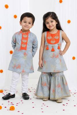 Grey embroidered cotton silk sharara set & kurta pyjama brother sister matching combo 1