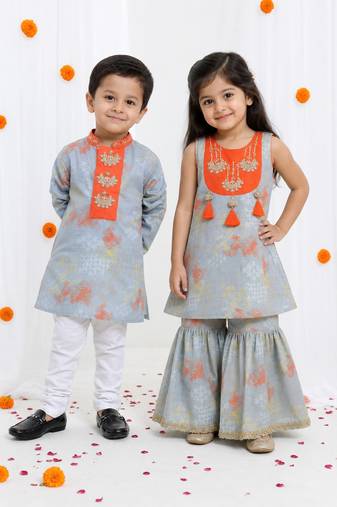 Grey embroidered cotton silk sharara set & kurta pyjama brother sister matching combo