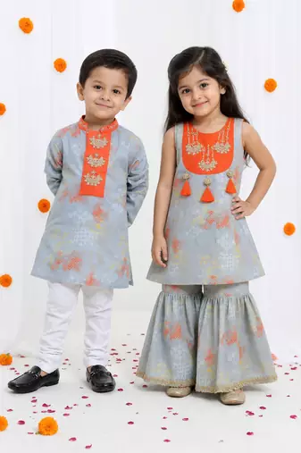 Grey embroidered cotton silk sharara set & kurta pyjama brother sister matching combo
