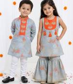 Grey embroidered cotton silk sharara set & kurta pyjama brother sister matching combo