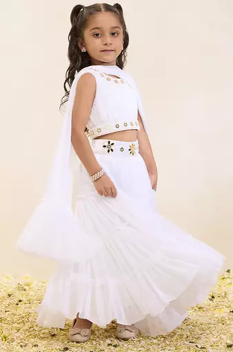 White solid & embroidered silk lehenga choli & kurta pant brother sister matching combo