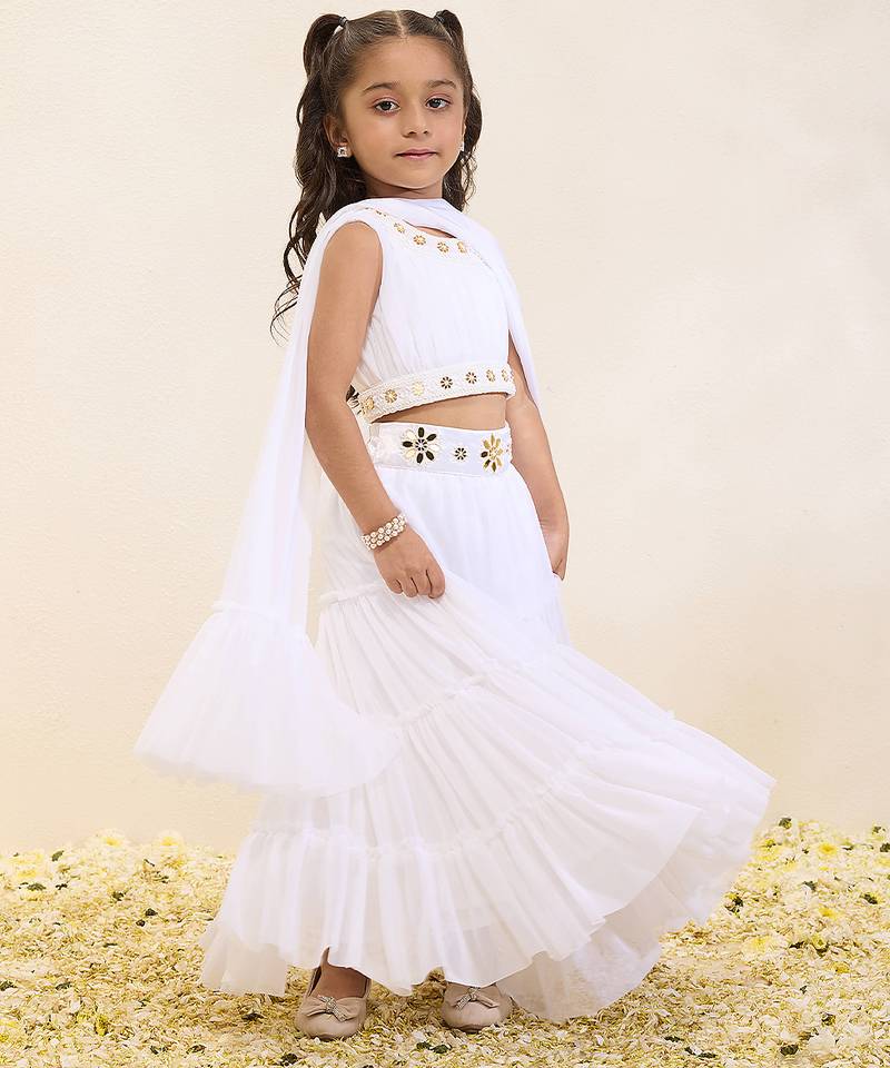 White solid & embroidered silk lehenga choli & kurta pant brother sister matching combo