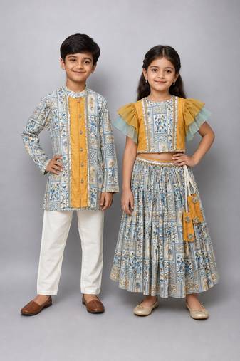 Orange & parrot green embroidered cotton silk lehenga choli & kurta pyjama sibling combo
