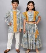 Orange & parrot green embroidered cotton silk lehenga choli & kurta pyjama sibling combo
