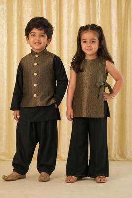 Black embroidered brocade co-ord set & kurta jacket brother sister matching combo 1