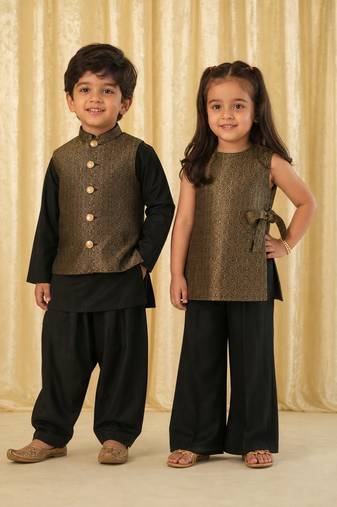 Black embroidered brocade co-ord set & kurta jacket brother sister matching combo