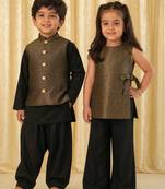Black embroidered brocade co-ord set & kurta jacket brother sister matching combo