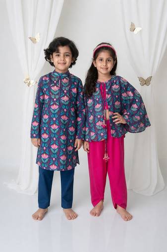 Pink & blue handwoven cotton indo western set & kurta pyjama brother sister matching combo