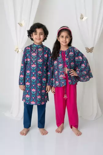 Pink & blue handwoven cotton indo western set & kurta pyjama brother sister matching combo