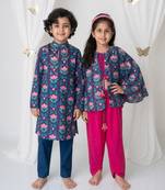 Pink & blue handwoven cotton indo western set & kurta pyjama brother sister matching combo