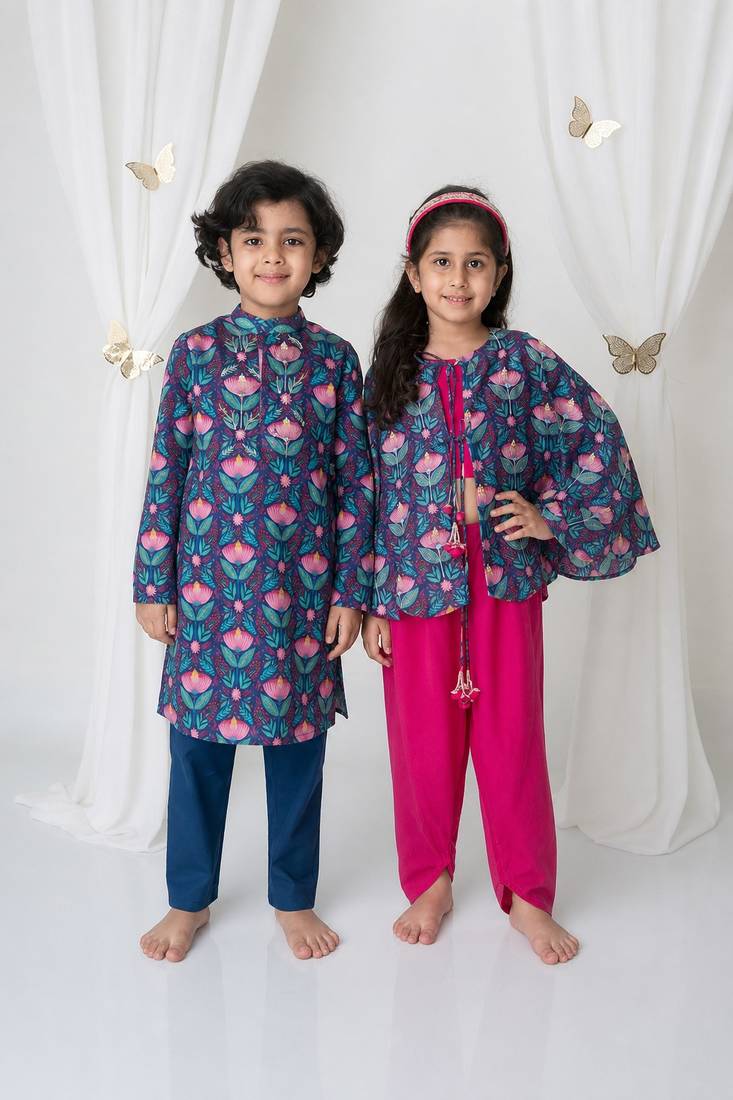 Pink & blue handwoven cotton indo western set & kurta pyjama brother sister matching combo