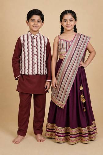 Burgundy & white embroidered cotton lehenga choli & kurta jacket brother sister matching combo