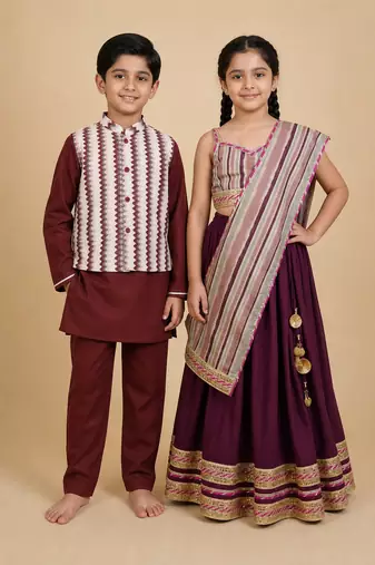 Burgundy & white embroidered cotton lehenga choli & kurta jacket brother sister matching combo