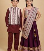 Burgundy & white embroidered cotton lehenga choli & kurta jacket brother sister matching combo