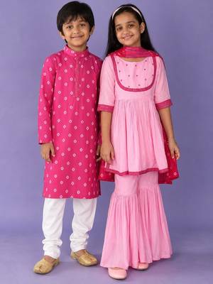 Pink sequinned & printed silk & cotton sharara set & kurta pyjama brother sister matching combo 1