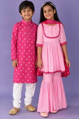 Pink sequinned & printed silk & cotton sharara set & kurta pyjama brother sister matching combo