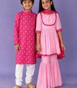 Pink sequinned & printed silk & cotton sharara set & kurta pyjama brother sister matching combo