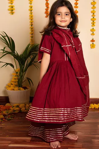 Maroon handwoven cotton anarkali set & kurta pyjama brother sister matching combo