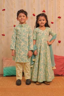 Yellow printed cotton anarkali set & kurta pyjama brother sister matching combo 1