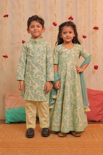 Yellow printed cotton anarkali set & kurta pyjama brother sister matching combo
