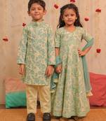 Yellow printed cotton anarkali set & kurta pyjama brother sister matching combo