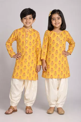 Mustard & multicolor printed linen kurta patiala set & kurta pyjama brother sister matching combo