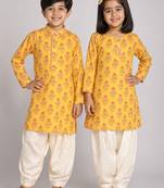 Mustard & multicolor printed linen kurta patiala set & kurta pyjama brother sister matching combo