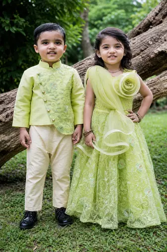 Green embroidered net lehenga choli & kurta pant brother sister matching combo