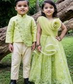 Green embroidered net lehenga choli & kurta pant brother sister matching combo