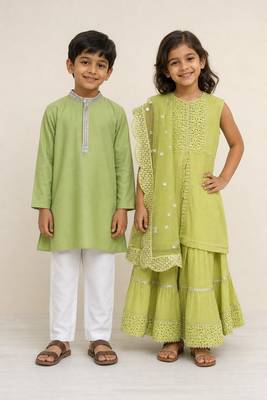 Green embroidered cotton & chanderi silk sharara set & kurta pyjama brother sister matching combo 1