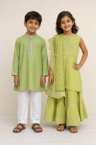 Green embroidered cotton & chanderi silk sharara set & kurta pyjama brother sister matching combo
