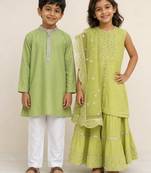 Green embroidered cotton & chanderi silk sharara set & kurta pyjama brother sister matching combo