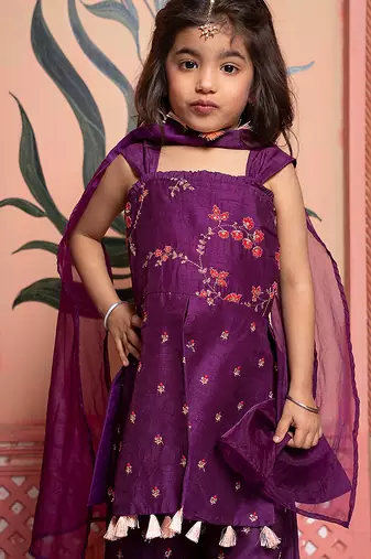 Purple embroidered silk palazzo set & kurta jacket brother sister matching combo