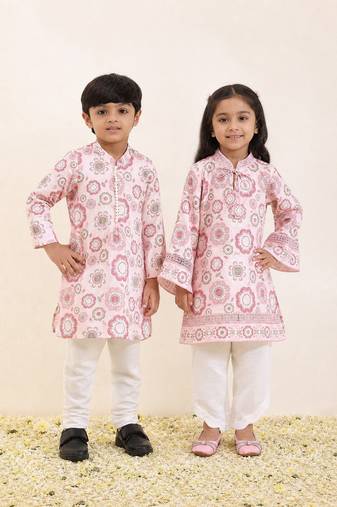 Pink printed silk & linen kurta set & kurta pant brother sister matching combo
