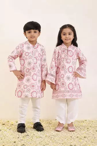 Pink printed silk & linen kurta set & kurta pant brother sister matching combo