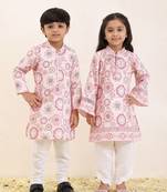 Pink printed silk & linen kurta set & kurta pant brother sister matching combo