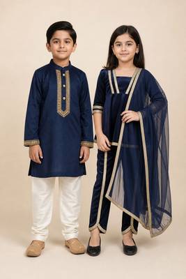 Navy blue & blue embroidered velvet kurta set & kurta pant brother sister matching combo 1