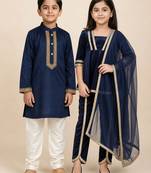Navy blue & blue embroidered velvet kurta set & kurta pant brother sister matching combo