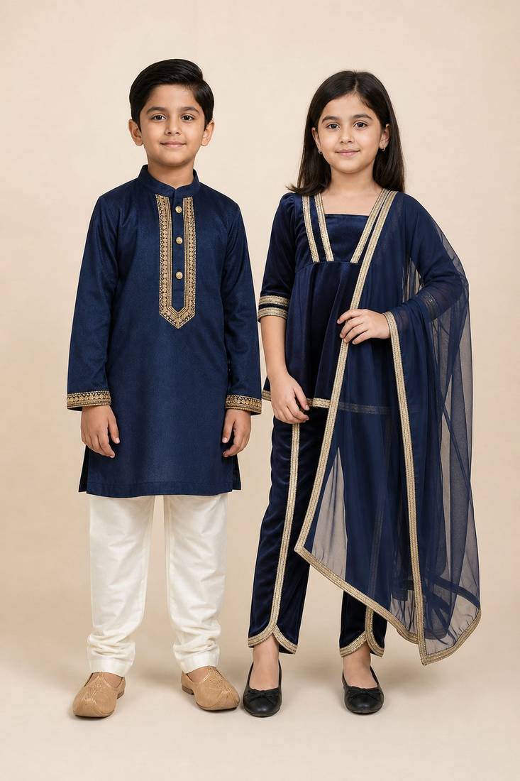 Navy blue & blue embroidered velvet kurta set & kurta pant brother sister matching combo